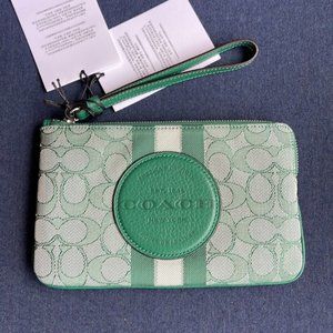 Coach Corner Zip Wristlet In Signature Jacquard With Stripe And Coach Patch
